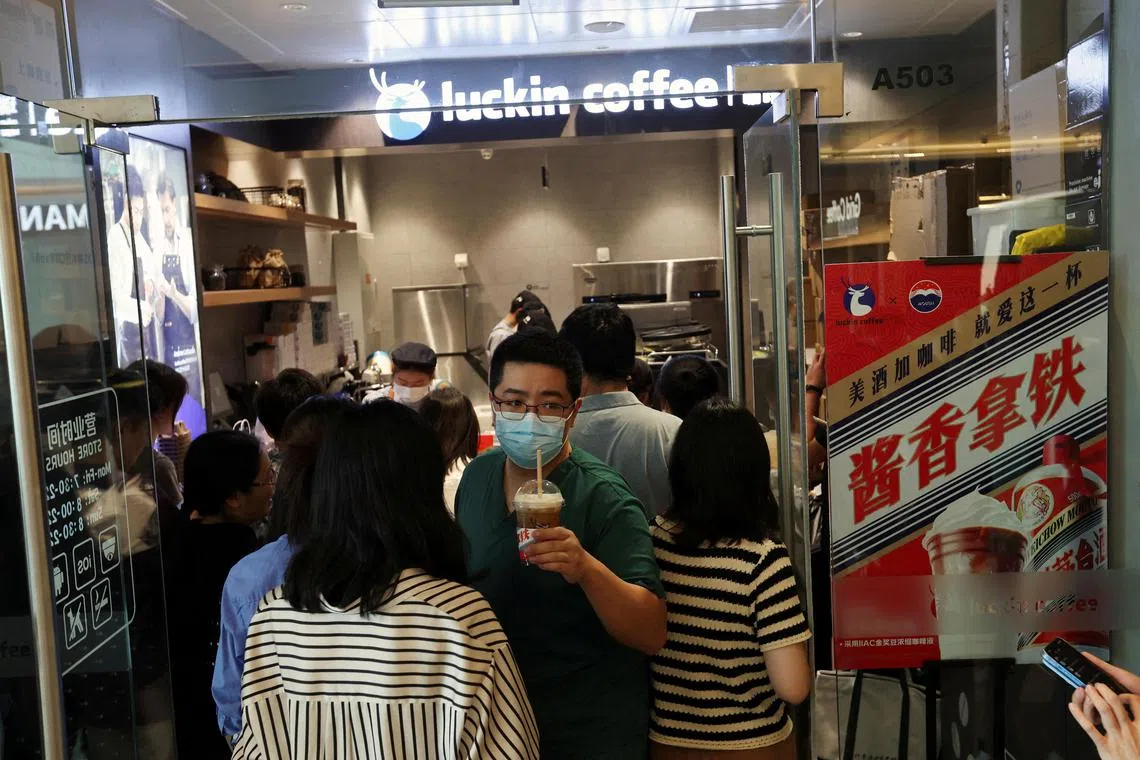 A Luckin Coffee store in Beijing advertising Kweichow Moutai liquor latte.