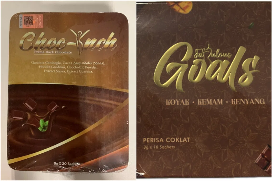 Sibutramine, a weight-loss medicine banned in Singapore since 2010, was detected in “Choc-Inch (Prime Dark Chocolate)” (left) and “Fabulous Goals”.