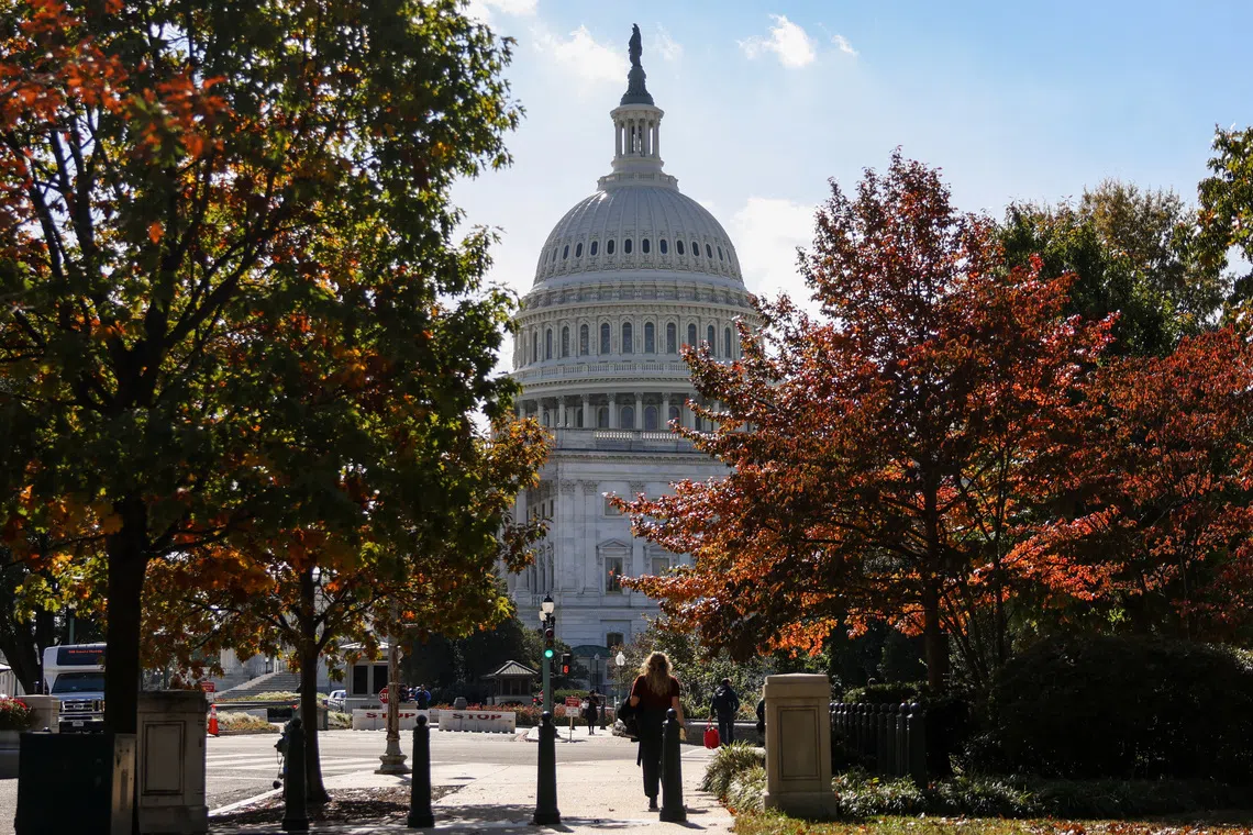 The U.S. Capitol building is framed between trees with fall foliage, weeks into the continuing U.S. government shutdown, in Washington, D.C., U.S., October 27, 2025. REUTERS/Kylie Cooper/File Photo