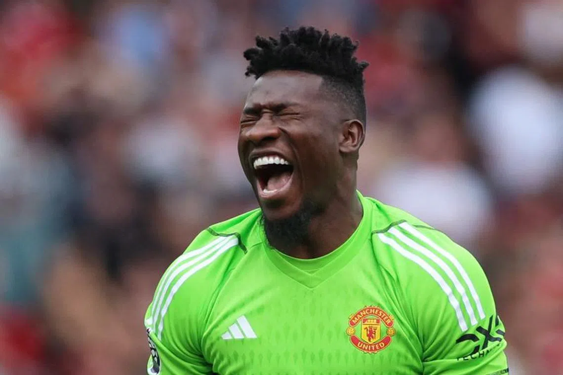 Soccer Football - Premier League - Manchester United v Nottingham Forest - Old Trafford, Manchester, Britain - August 26, 2023 Manchester United's Andre Onana reacts Action Images via Reuters/Phil Noble