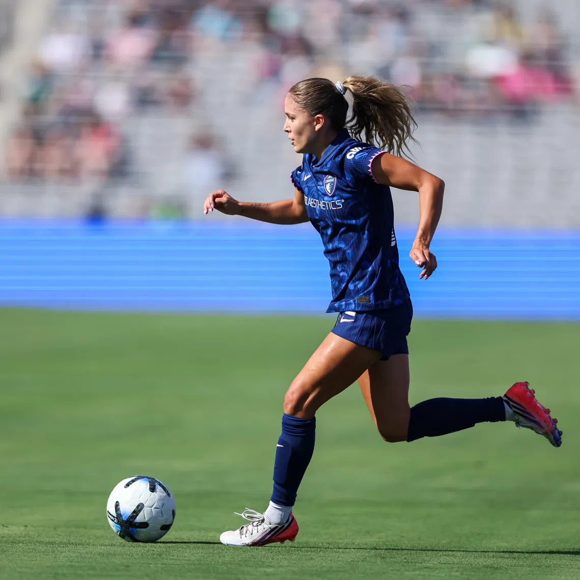 Sep 12, 2026; San Diego, California, USA;  North Carolina Courage midfielder Ashley Sanchez (2) moves the ball during the first half against San Diego Wave FC at Snapdragon Stadium.  Mandatory Credit: Chadd Cady-Imagn Images
