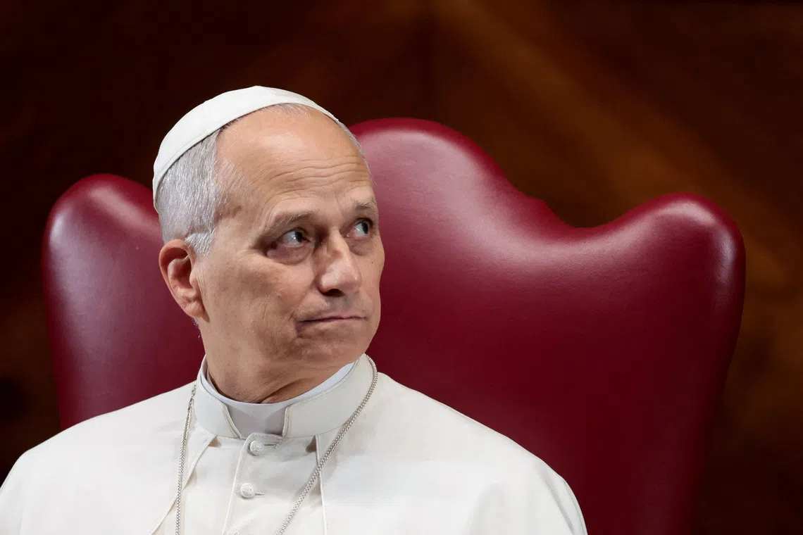 Pope Leo XIV looks on during a meeting with the academic community of Pontifical Lateran University in Rome, Italy, November 14, 2025. REUTERS/Remo Casilli