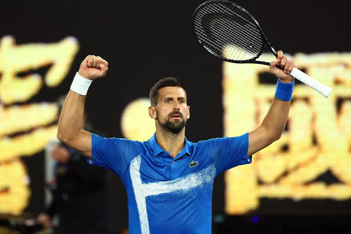 Tennis - Australian Open - Melbourne Park, Melbourne, Australia - January 17, 2025 Serbia's Novak Djokovic celebrates winning his third round match against Czech Republic's Tomas Machac REUTERS/Edgar Su