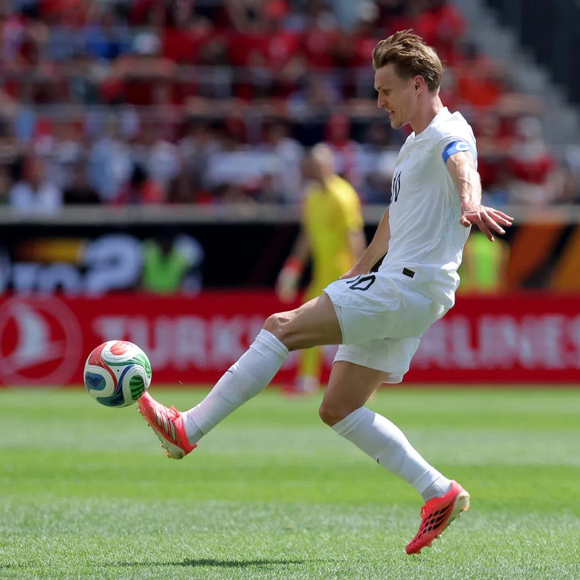 Jun 7, 2026; Harrison, New Jersey, USA; Norway midfielder Martin Odegaard (10) plays the ball against Morocco during the first half of a Road to 26 men's international friendly at Sports Illustrated Stadium. Mandatory Credit: Brad Penner-Imagn Images