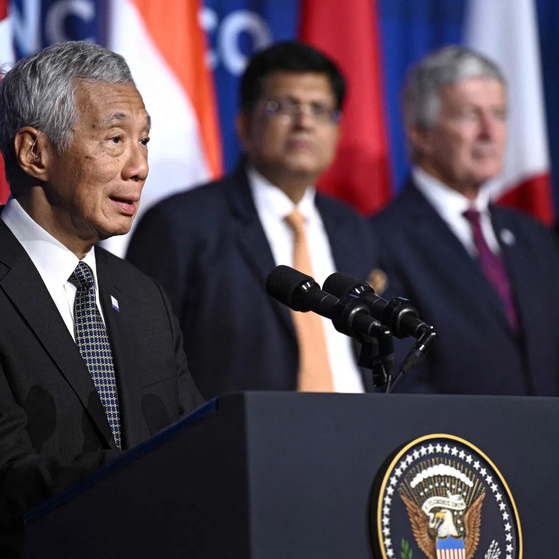 Prime Minister Lee Hsien Loong delivering remarks alongside members of the Indo Pacific Economic Framework (IPEF) at the Apec Leaders' Week in San Francisco on Nov 16, 2023. 