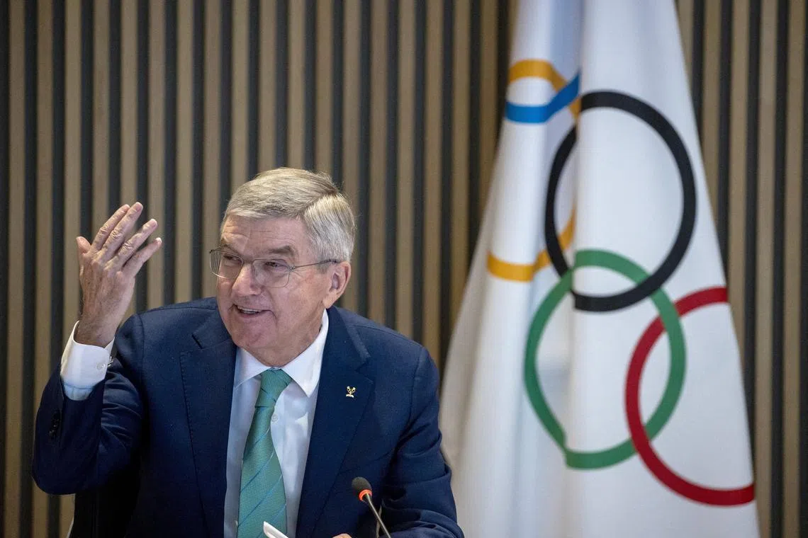 International Olympic Committee (IOC) president Thomas Bach attends the opening of the Executive Board meeting at the Olympic House in Lausanne, Switzerland, on Dec 5. He is weighing whether Russian and Belarusian athletes should be allowed to compete at the 2024 Paris Olympics.