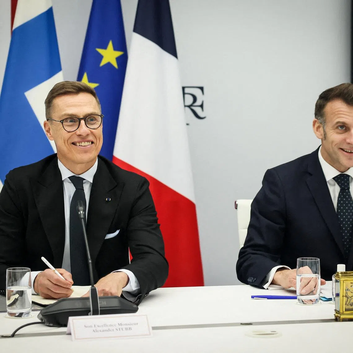 FILE PHOTO: French President Emmanuel Macron and Finland's President Alexander Stubb attend a Nordic-Baltic Eight (NB8) work video conference at the Elysee Palace in Paris, France February 23, 2026. Thomas Padilla/Pool via REUTERS/File Photo