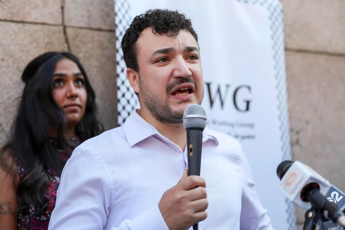 Pro-Palestinian activist Mahmoud Khalil speaking at a press conference outside Columbia University on Sept 14.