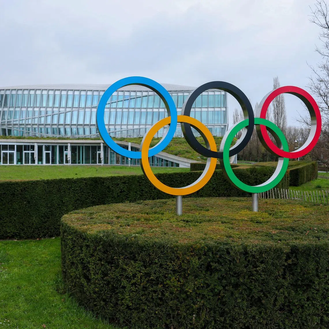 Olympic rings are pictured outside the International Olympic Committee (IOC) during an Executive Board meeting at the Olympic House in Lausanne, Switzerland, March 26, 2026. REUTERS/Denis Balibouse