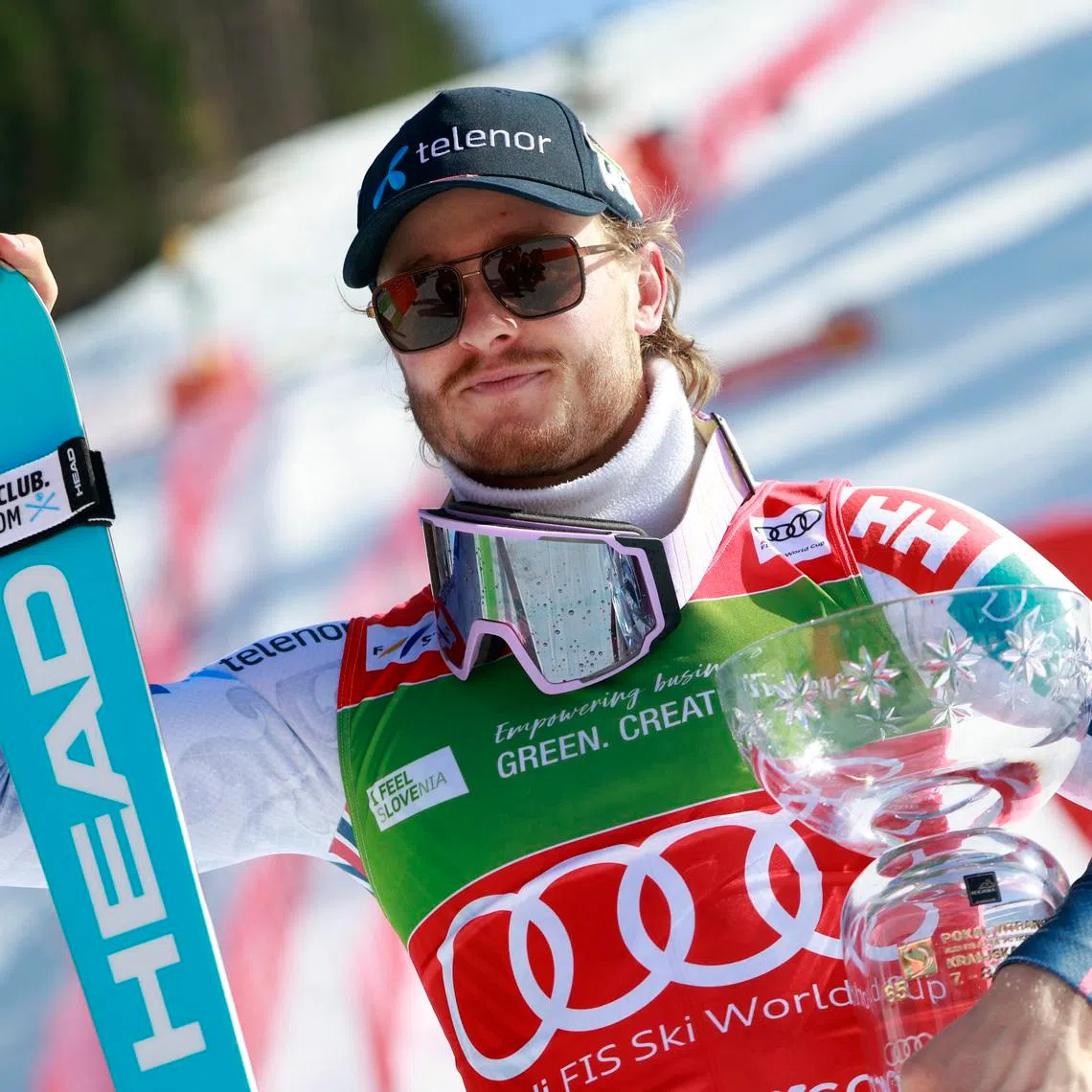 Alpine Skiing - FIS Alpine Ski World Cup - Men's Slalom - Kranjska Gora, Slovenia - March 8, 2026 Norway's Atle Lie McGrath celebrates with a trophy after winning the Men's Slalom REUTERS/Borut Zivulovic