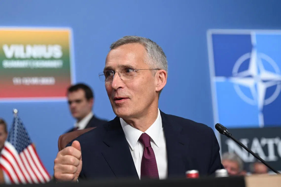 epa10739610 Secretary General of NATO Jens Stoltenberg looks on during the meeting of the North Atlantic Council with Sweden at the NATO ​summit in Vilnius, Lithuania, 11 July 2023. The North Atlantic Treaty Organization (NATO) Summit takes place in Vilnius on 11 and 12 July 2023 with the alliance's leaders expected to adopt new defence plans.  EPA-EFE/FILIP SINGER
