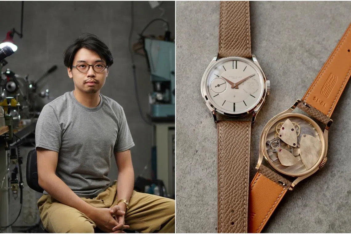 Guangzhou-based independent watchmaker Logan Kuan Rao (left) and his hand-made Wuwei watchs.