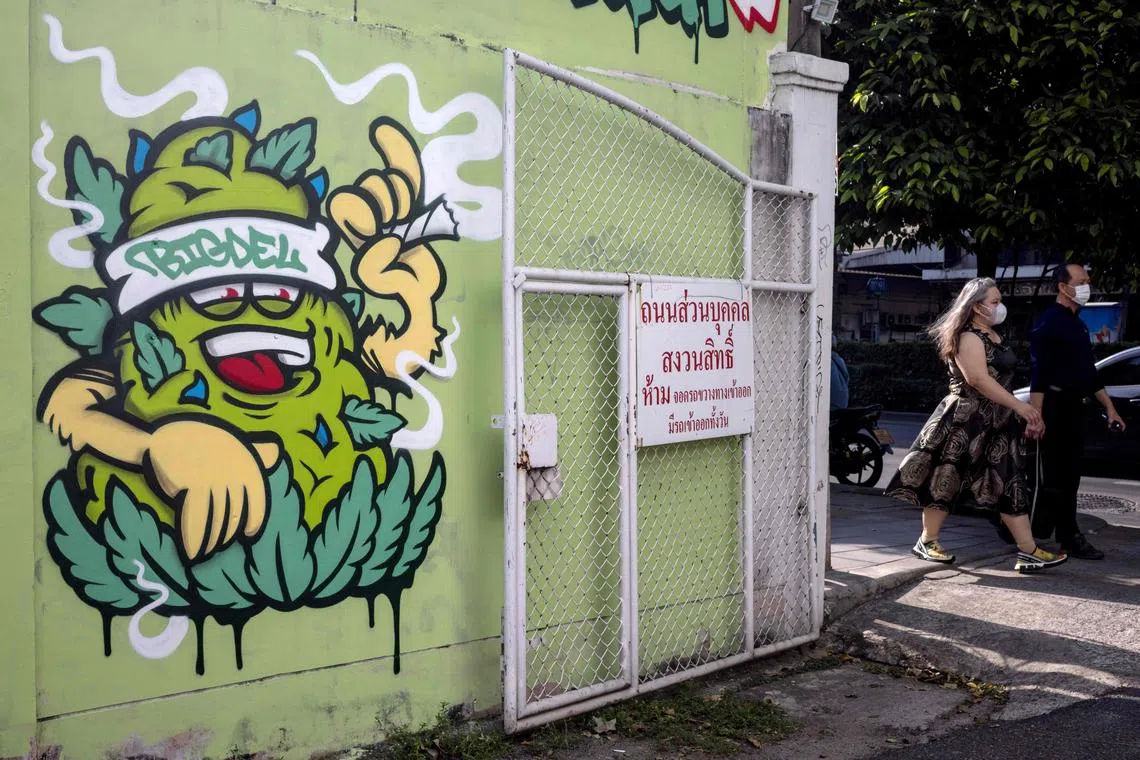 People walk past a piece of street art depicting a cannabis flower smoking a joint in Bangkok on December 15, 2022. (Photo by Jack TAYLOR / AFP)