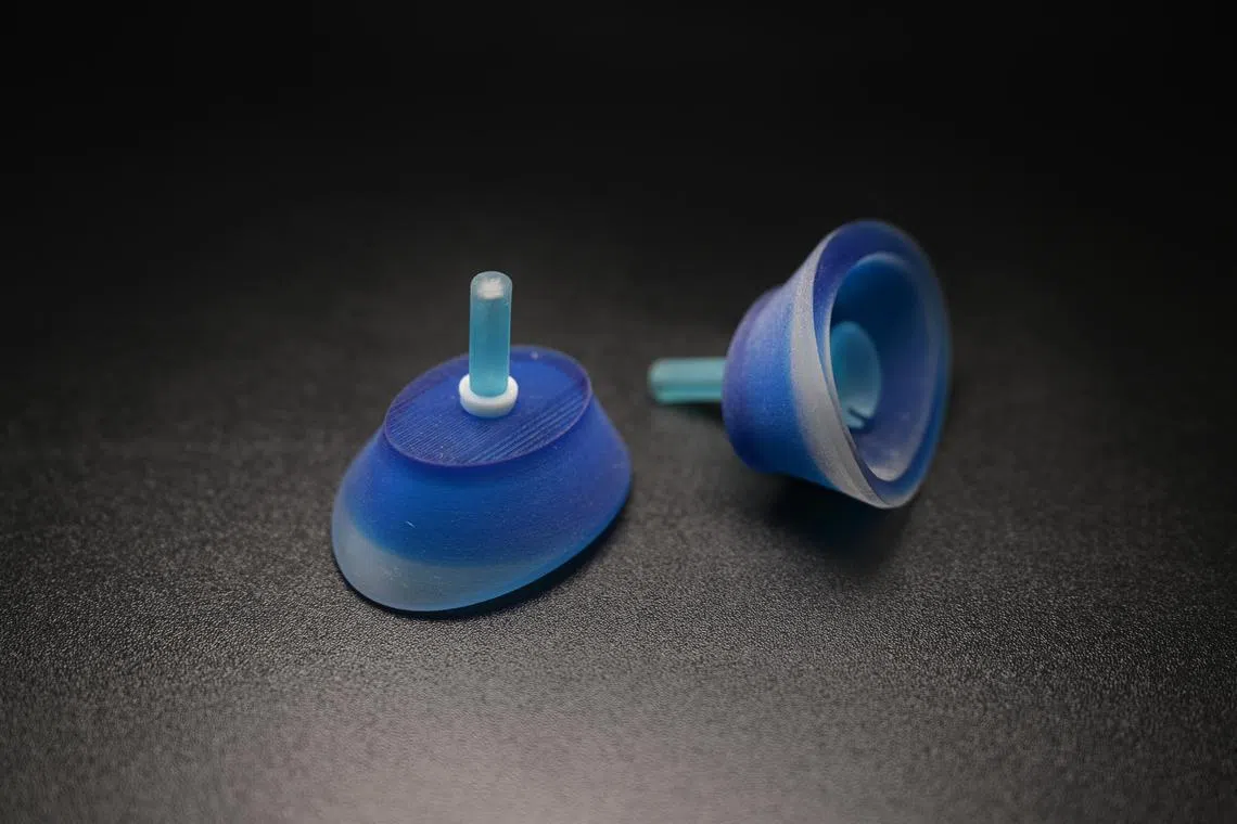 The contact lens applicator to help kids put on hard and soft lenses with ease, a product which was developed during the Duke-NUS’ annual health innovator challenge, pictured on March 24, 2025.