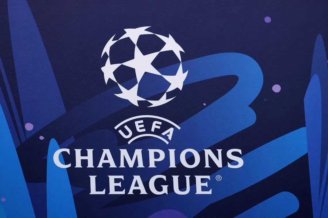 FILE PHOTO: Soccer Football - Champions League - Knockout Phase Playoff Draw - UEFA Headquarters, Nyon, Switzerland - January 31, 2025 General view of the Champions League logo before the draw REUTERS/Denis Balibouse/File Photo