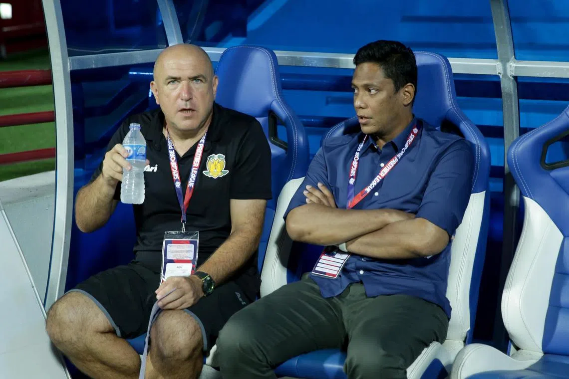 After a run of seven Singapore Premier League games without a win, Hougang United head coach Firdaus Kassim (right) has been replaced by his assistant Marko Kraljevic, who will be the interim head coach.