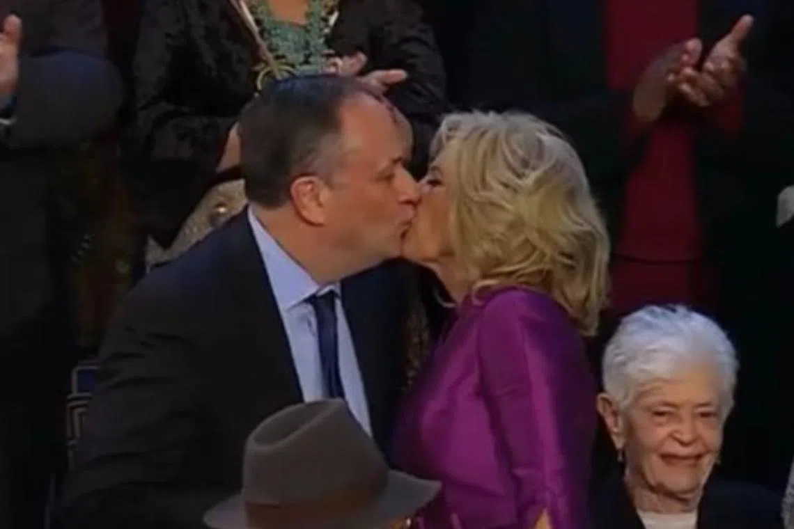 US First Lady Jill Biden appeared to plant a kiss smack on the lips of Mr Doug Emhoff, the husband of US Vice-President Kamala Harris.