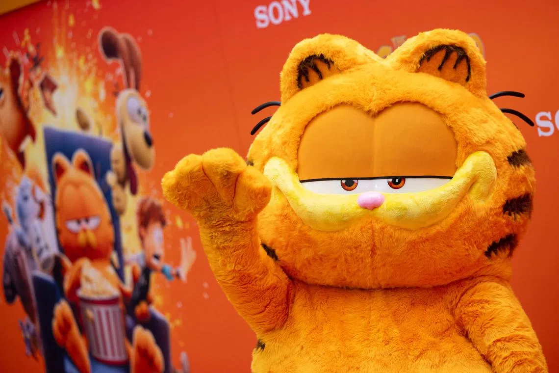 Cartoon character Garfield posing as he attends the premiere of "The Garfield" movie at the TLC Chinese Theater in Hollywood on May 19, 2024. 