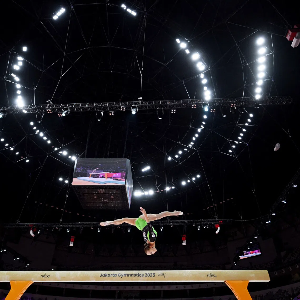 Authorised Neutral Athlete's Angelina Melnikova in action during her balance beam exercise in the 2025 World Artistic Gymnastics Championships in the Indonesia Arena, Jakarta, Indonesia on Oct 23, 2025 .