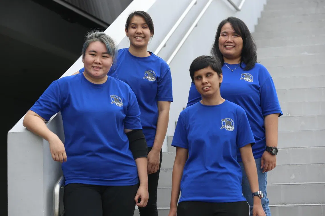 Singapore women’s goalball team (from left) Christina Aw, Joan Hung, Nurul Natasya Idrus and Norliana Mohamed Ajam, at Sports Hub on Feb 23, 2022.