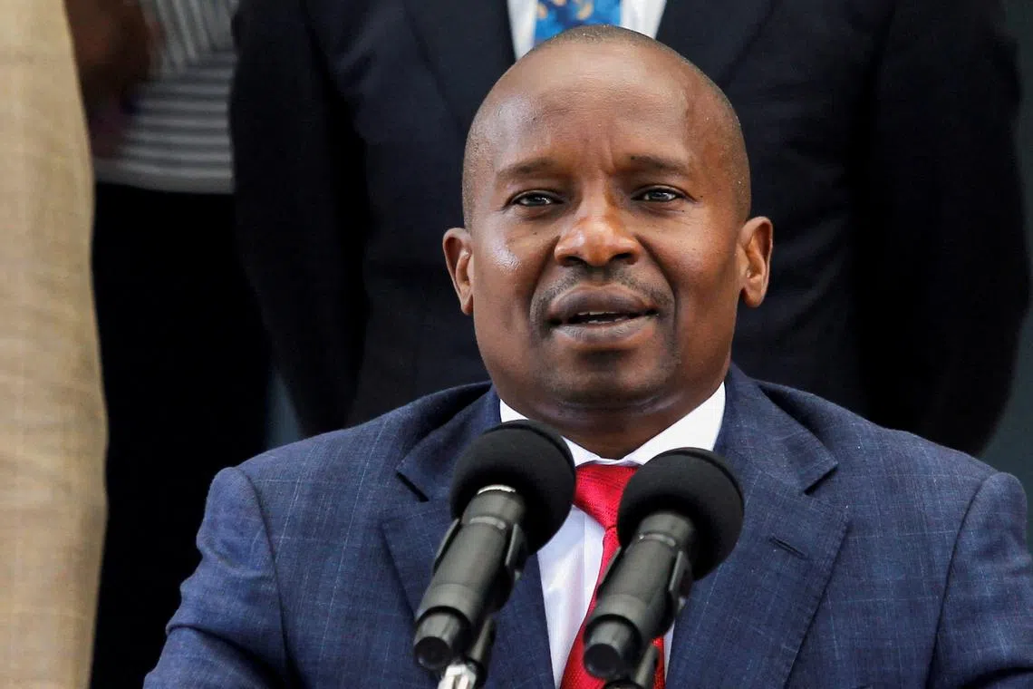 FILE PHOTO: Kenya's Cabinet Secretary of the Ministry of Interior and National Administration Kithure Kindiki speaks during a joint press conference, with British Minister of State for Security Tom Tugendhat during his visit, in Nairobi, Kenya May 10, 2023. REUTERS/Monicah Mwangi/File Photo