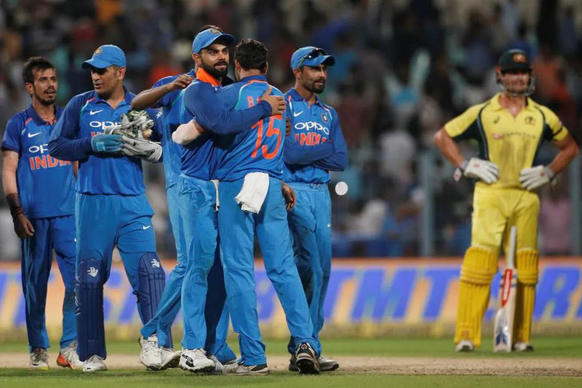 Cricket - India v Australia - Second One Day International Match - Kolkata, India – September 21, 2017 – Indian players celebrate their team's victory. REUTERS/Adnan Abidi/ File Photo