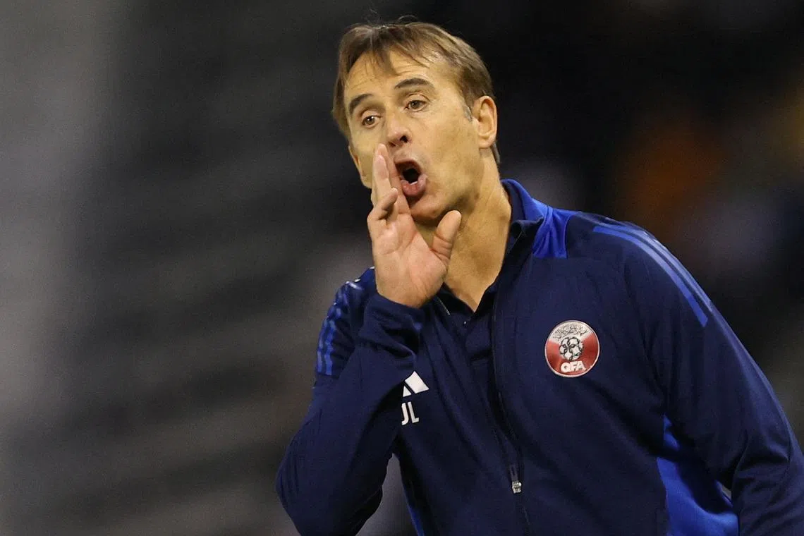 FILE PHOTO: Soccer Football - World Cup - AFC Qualifiers - Group A - Qatar v Iran - Jassim Bin Hamad Stadium, Doha, Qatar - June 5, 2025 Qatar coach Julen Lopetegui reacts during the match REUTERS/Ibraheem Al Omari/File Photo