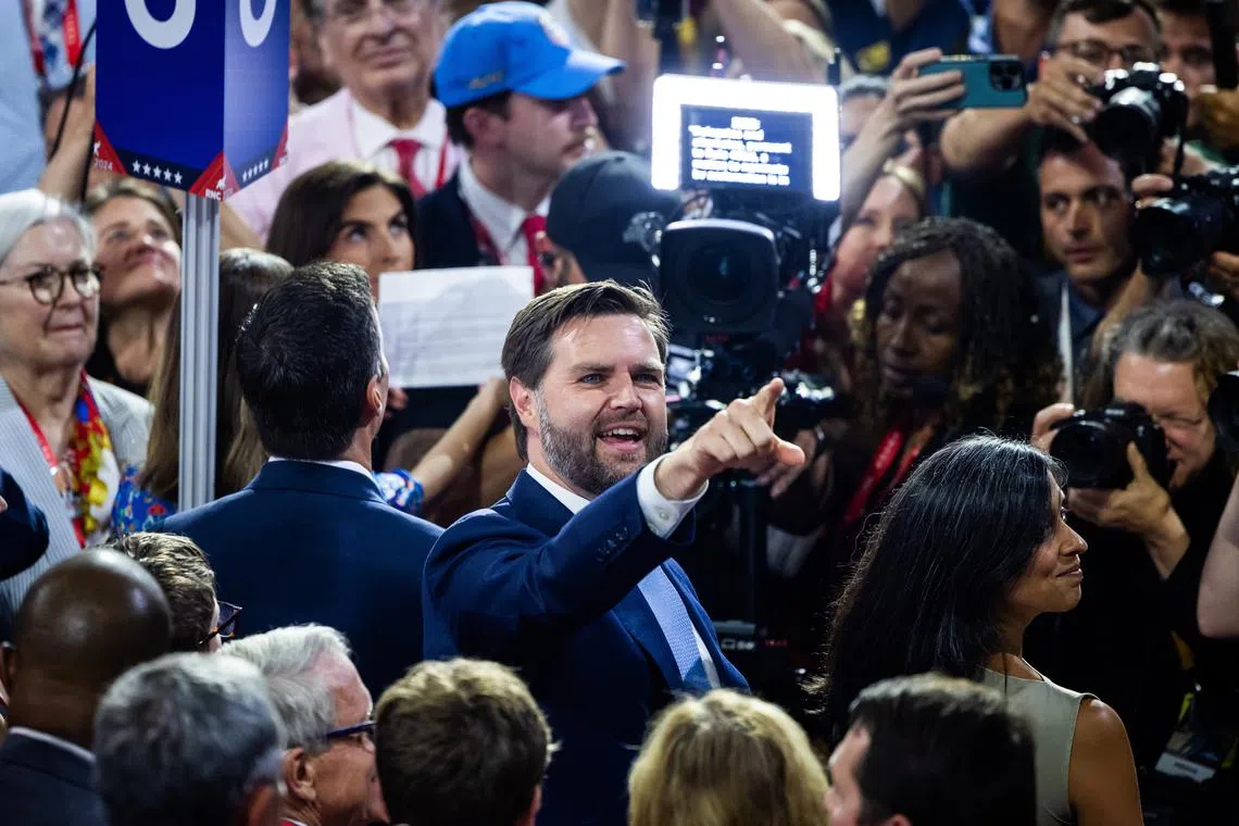 Mr JD Vance, the Republican Senator from Ohio, arrives to accept his vice-presidential nomination on the opening day of the Republican National Convention (RNC) in the Fiserv Forum in Milwaukee on July 15. 