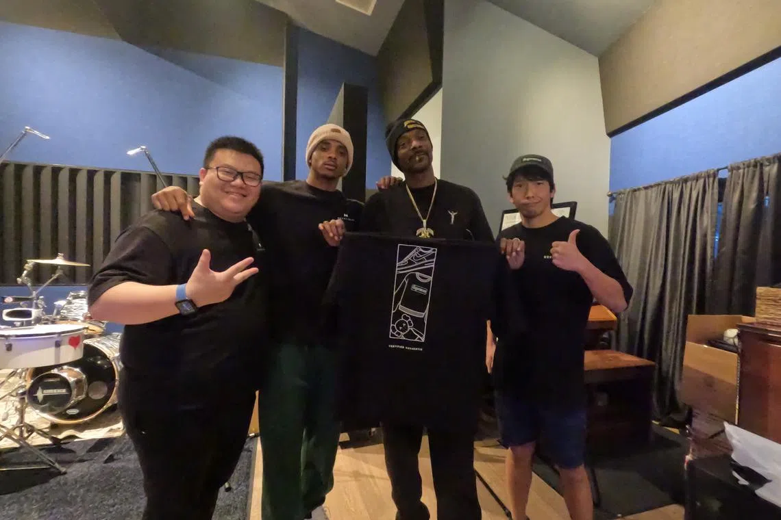 (From left) Co-founder and CEO of Novelship Richard Xia, .Snoop Dogg's son Cordell Broadus, Snoop Dogg and  Kenji Narushima.

