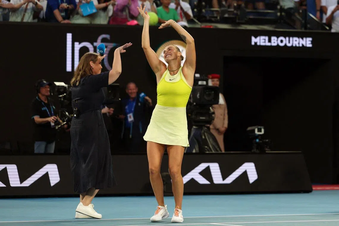 Belarus' Aryna Sabalenka dances after beating Sloane Stephens on day one of the Australian Open.