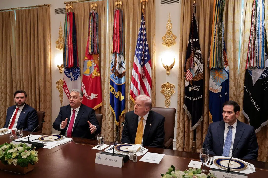 US President Donald Trump hosting a bilateral lunch with Hungarian Prime Minister Viktor Orban (speaking), flanked by US Vice-President J.D. Vance (far left), and US Secretary of State Marco Rubio, at the White House on Nov 7.