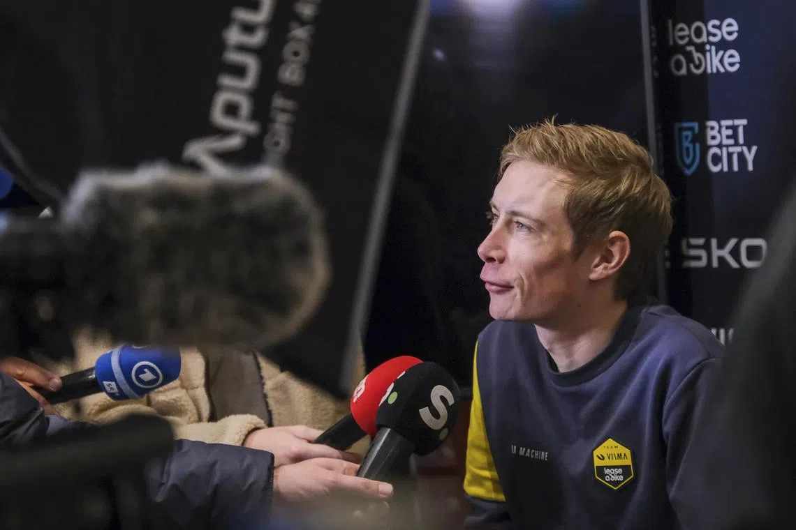 Danish rider Jonas Vingegaard of Team Visma Lease a Bike speaks to journalists during the presentation of the cycling team in La Nucia, Spain.