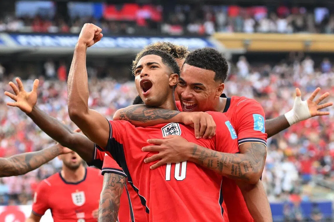 Morgan Rogers hugging Jude Bellingham after the latter scores the opener in the 2-0 World Cup win over Panama on June 27.