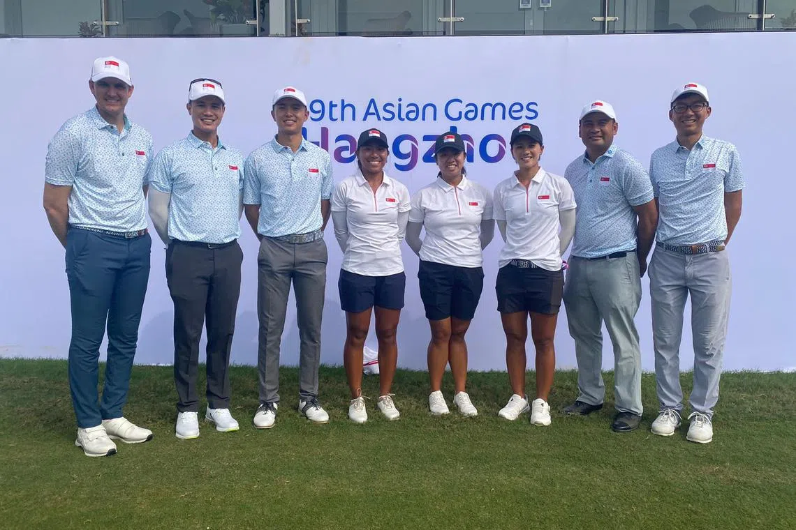 National golf coach Murray Smit (from left) with Singaporean golfers Gregory Foo, James Leow, Aloysa Atienza, Amanda Tan, Koh Sock Hwee, Koh Dengshan, Ryan Ang at the Asian Games in Hangzhou. 
