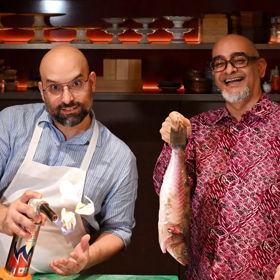 Chef Ivan Brehm (left), owner of Nouri Restaurant, with playwright Huzir Sulaiman; and the cast of Choo’s Masquerade Party: A Buffet Of Hidden Agendas.