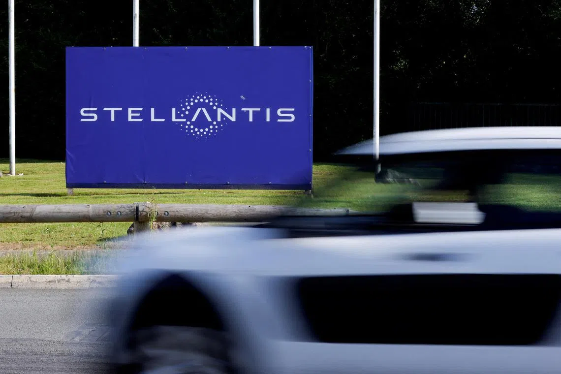 FILE PHOTO: A view shows the logo of Stellantis at the entrance of the company's factory in Hordain, France, July 7, 2021. REUTERS/Pascal Rossignol/File Photo