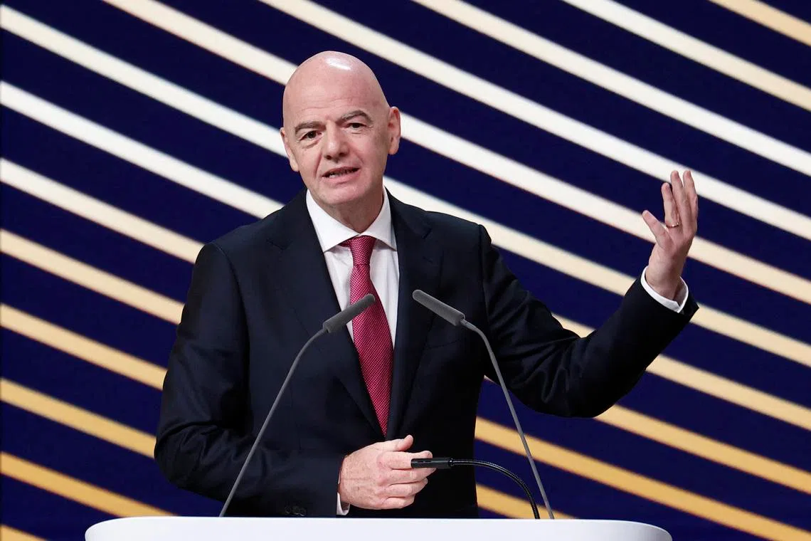Soccer Football - 50th Ordinary UEFA Congress - Brussels Expo, Brussels, Belgium - February 12, 2026 FIFA president Gianni Infantino speaks during the event REUTERS/Benoit Tessier