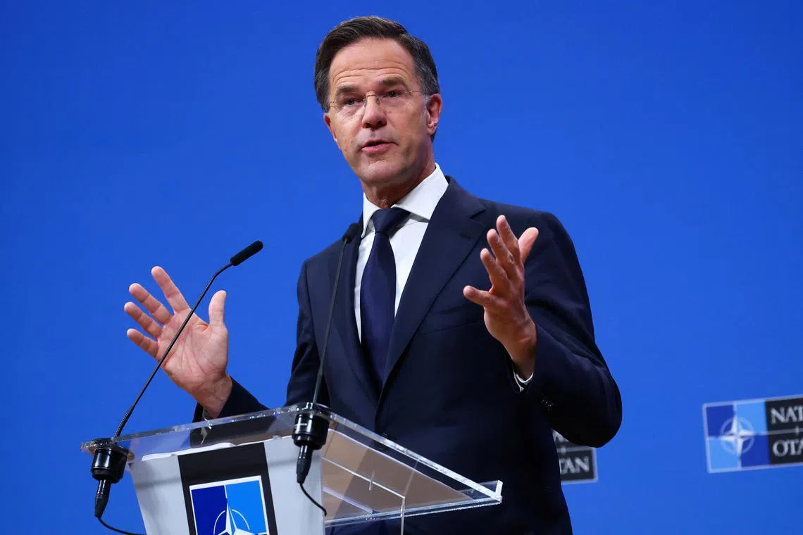 NATO Secretary General Mark Rutte speaks during a press conference on the eve of a NATO Defence Ministers meeting at the Alliance's headquarters in Brussels, Belgium June 4, 2025. REUTERS/Yves Herman