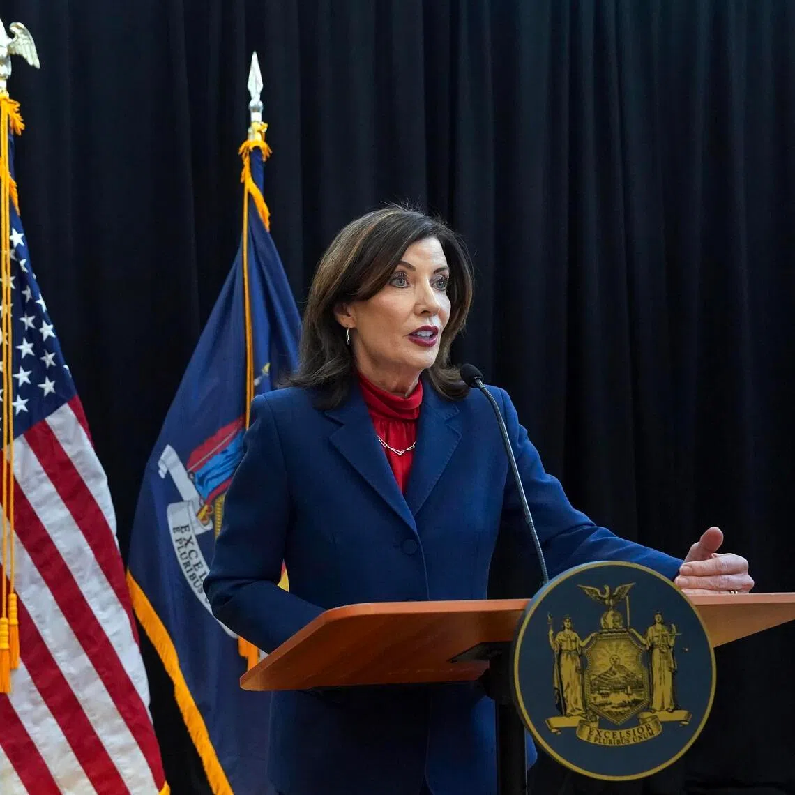 New York’s Gov. Kathy Hochul speaks during a news conference in Albany, New York, on Jan 7.