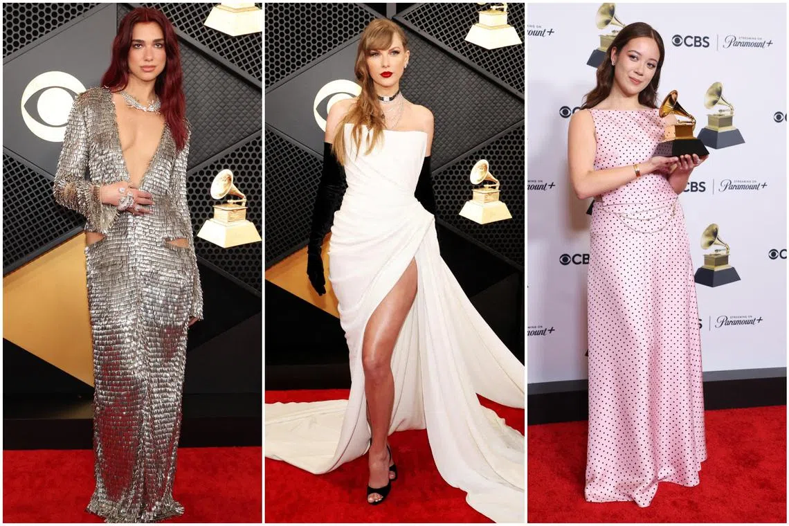 (From left) Dua Lipa. Taylor Swift and Laufey  at the 66th Annual Grammy Awards in Los Angeles on Feb 4, 2024.
