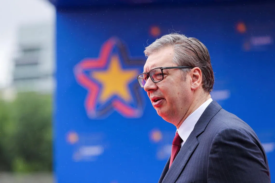 Serbian President Aleksandar Vucic arrives for the European Political Community Summit at Skanderbeg Square in Tirana, Albania, May 16, 2025. REUTERS/Valdrin Xhemaj/File Photo