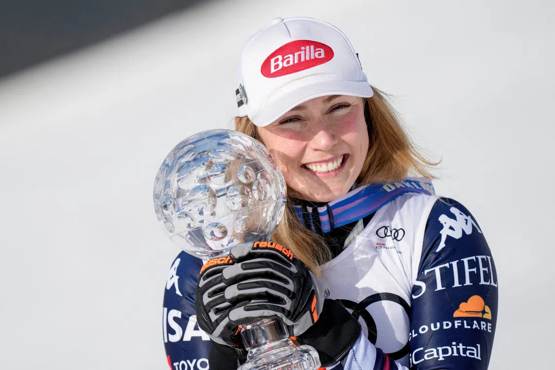 FILE PHOTO: Alpine Skiing - FIS Alpine Ski World Cup - Women's Slalom - Kvitfjell, Lillehammer, Norway - March 24, 2026 Mikaela Shiffrin of the U.S. celebrates after winning the Women's Slalom Cornelius Poppe/NTB via REUTERS/File Photo