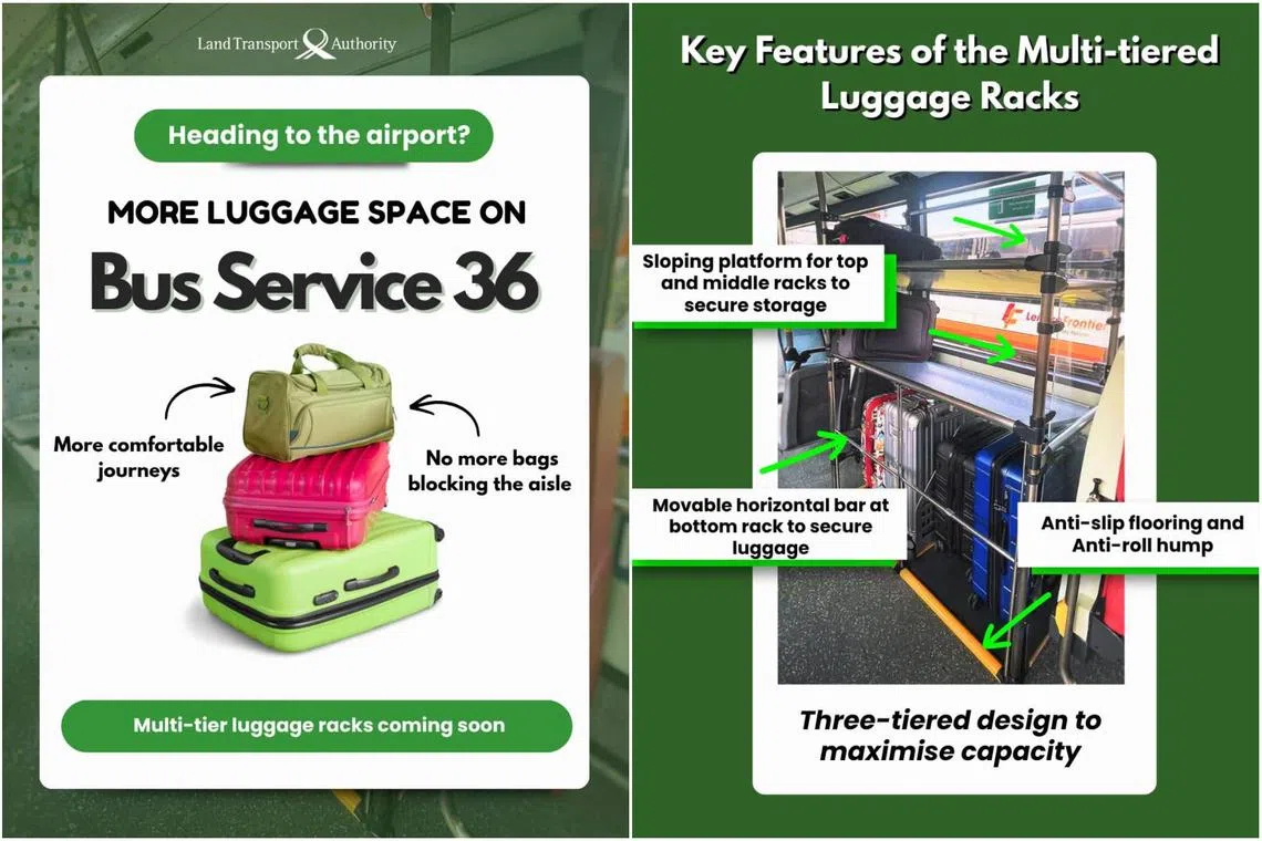 The racks will be installed on bus service 36, which connects the city with Changi Airport.