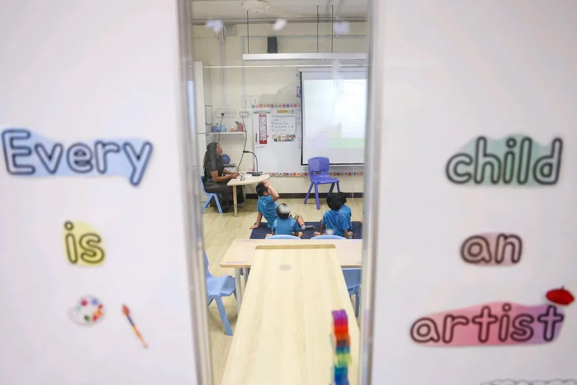 MOE Kindergarten children at Jing Shan Primary School on Feb 20. The school is one of the eight that Little Professors had operated student care services in.