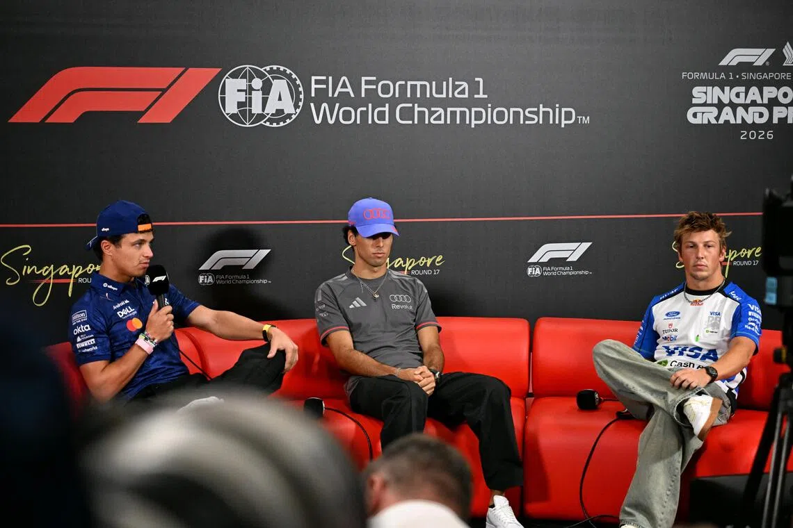 (From left) No. 1 McLaren Mastercard F1 Team, British driver, Lando Norris, No. 5 Audi Revolut F1 Team, Brazilian driver, Gabriel Bortoleto and No. 30 Visa Cash App Racing Bulls F1 Team, New Zealander driver, Liam Lawson, during the press conference, on Oct 8.