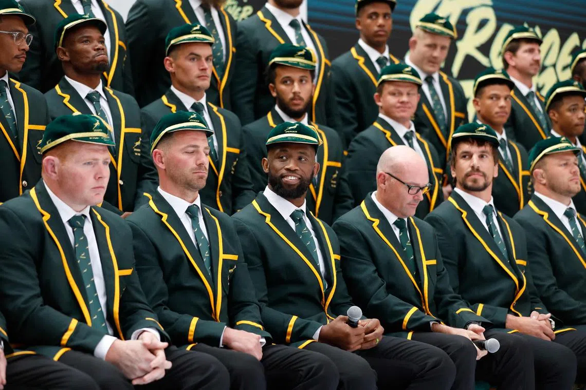 South Africa captain Siya Kolisi (centre) looks on during the team's World Cup squad announcement in Johannesburg.