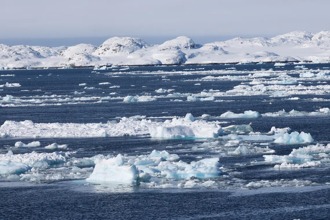 A view of ice floating in the fjord of Nuuk, Greenland, March 30, 2025.