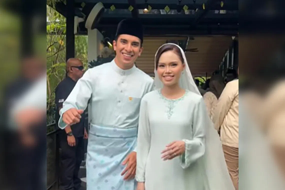 Malaysian politician Syed Saddiq (left) and Malaysian actress Bella Astillah at their engagement ceremony on March 28.