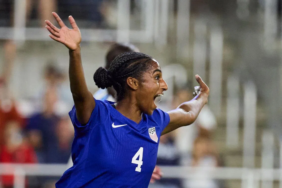 Naomi Girma of the United States celebrating after scoring the team's first goal in their 3-0 friendly win over Argentina on Oct 30.