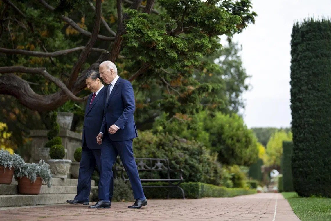 Chinese President Xi Jinping (left) and US President Joe Biden had a substantial discussion on Taiwan during their four-hour meeting on Nov 15.